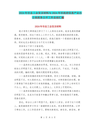 2024年市总工会发言材料与2024年市政府信息产业办公室政务公开工作总结汇编