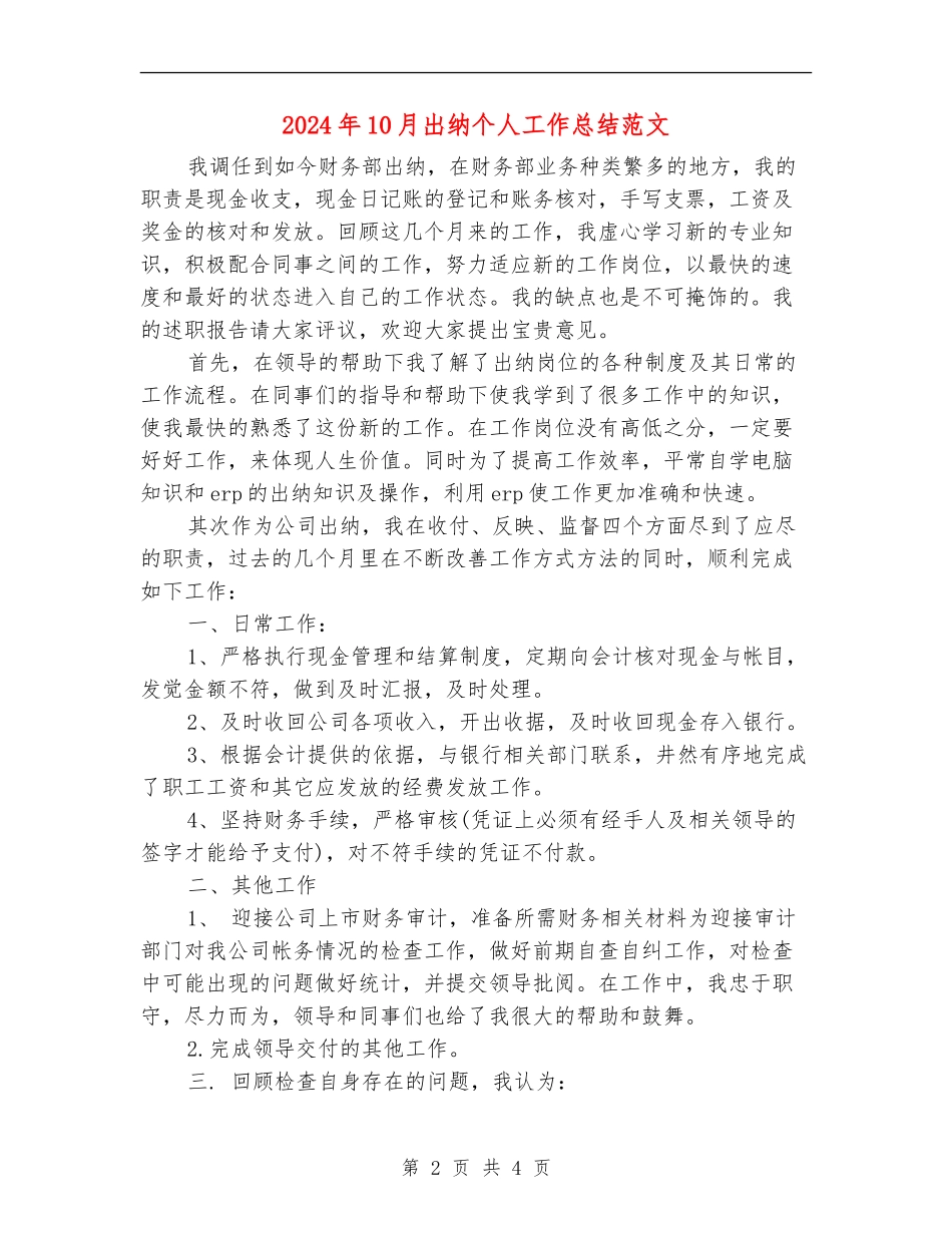 2024年10月出纳个人工作总结范文_第2页