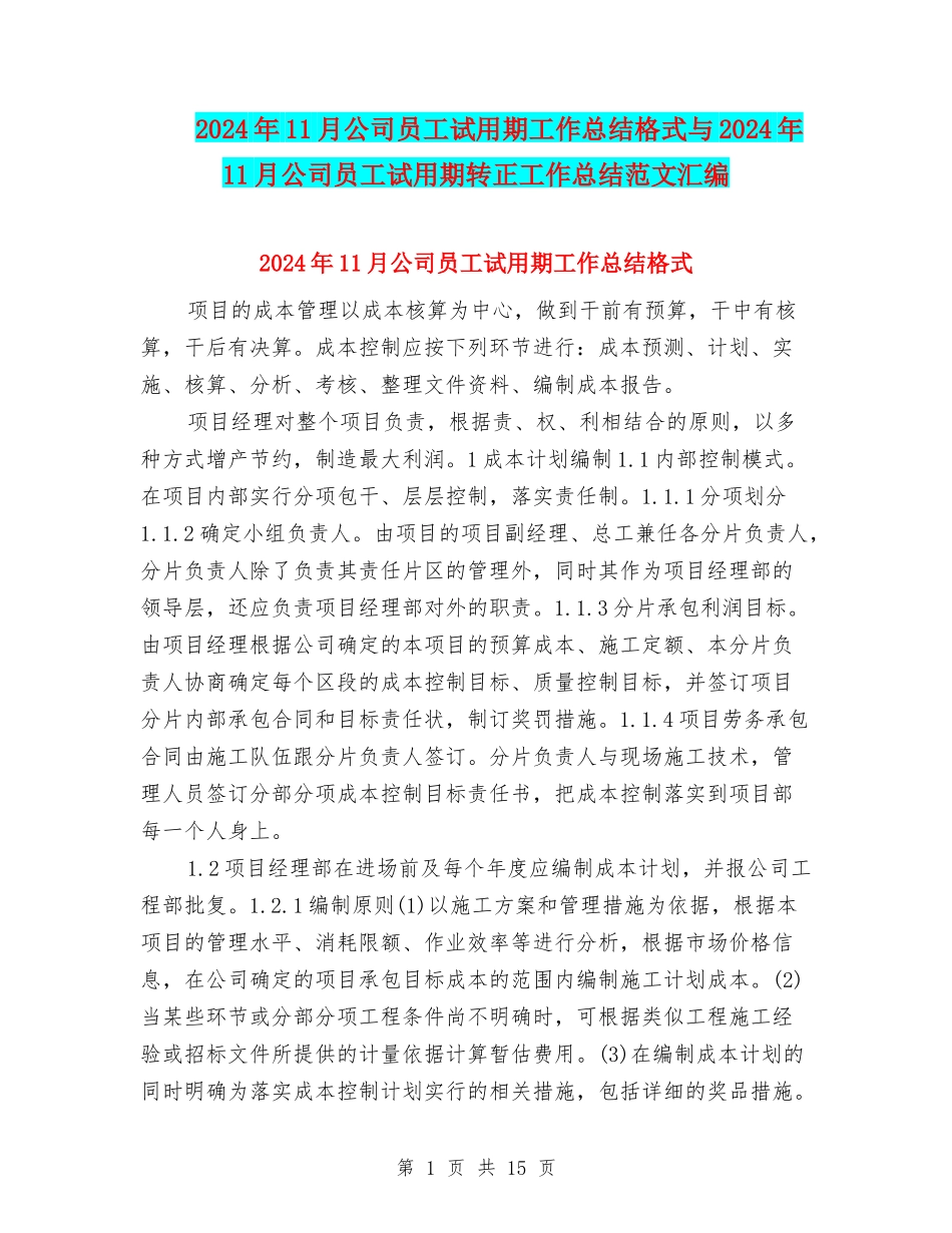 2024年11月公司员工试用期工作总结格式与2024年11月公司员工试用期转正工作总结范文汇编_第1页