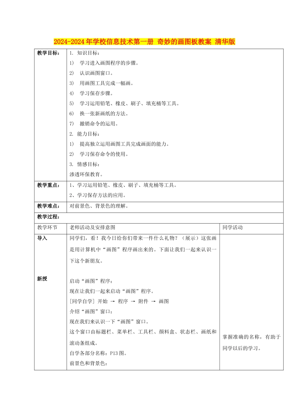 2024-2024年小学信息技术第一册-神奇的画图板教案-清华版_第1页