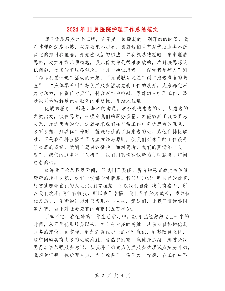 2024年11月医院护理工作总结范文_第2页