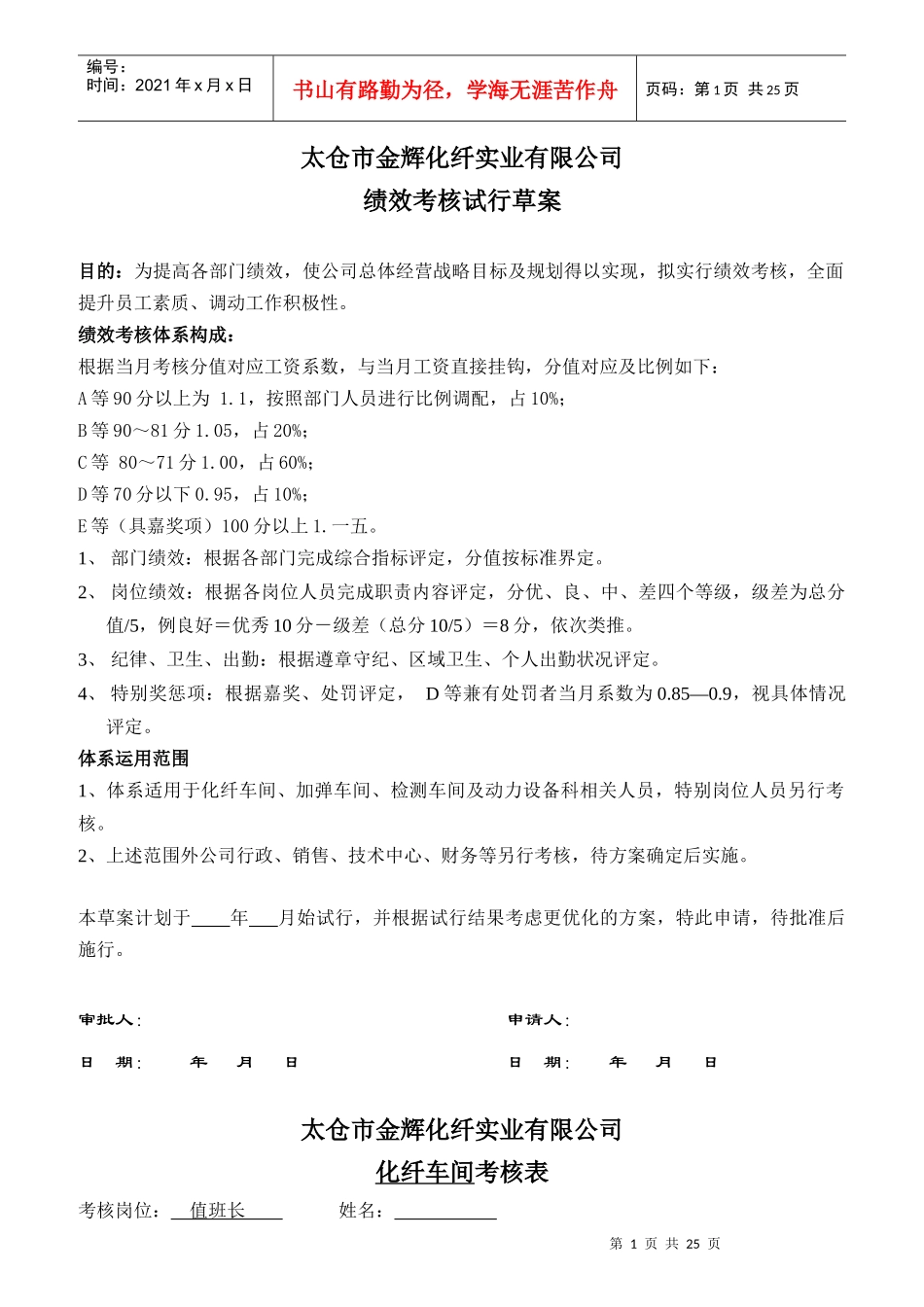 某化纤实业公司绩效考核试行草案_第1页
