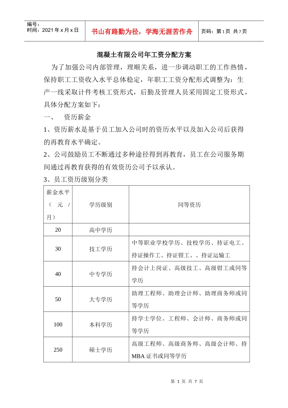 混凝土有限公司工资分配方案_第1页