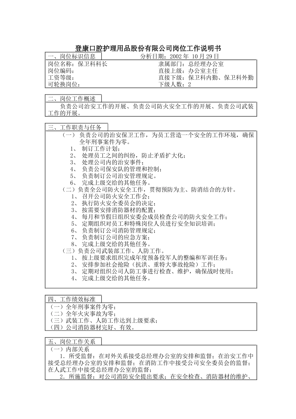 登康口腔护理用品股份有限公司保卫科科长岗位工作说明书_第1页