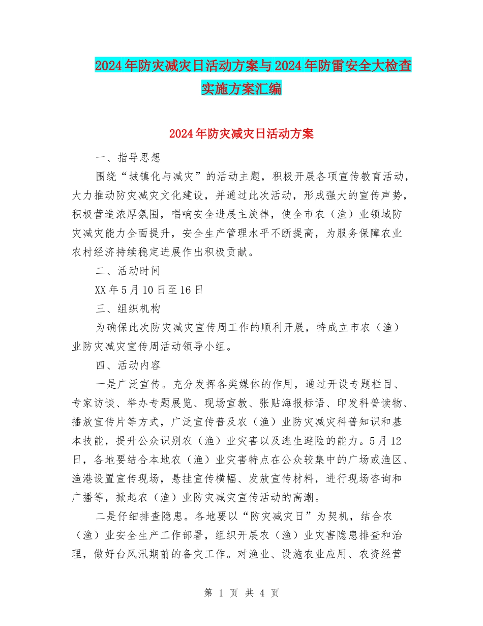 2024年防灾减灾日活动方案与2024年防雷安全大检查实施方案汇编_第1页