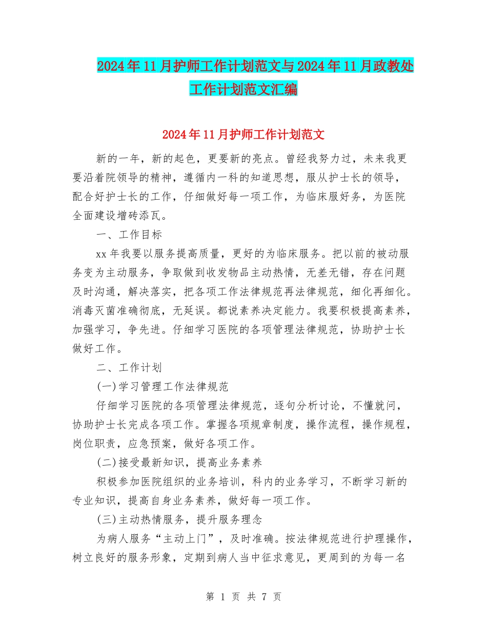2024年11月护师工作计划范文与2024年11月政教处工作计划范文汇编_第1页