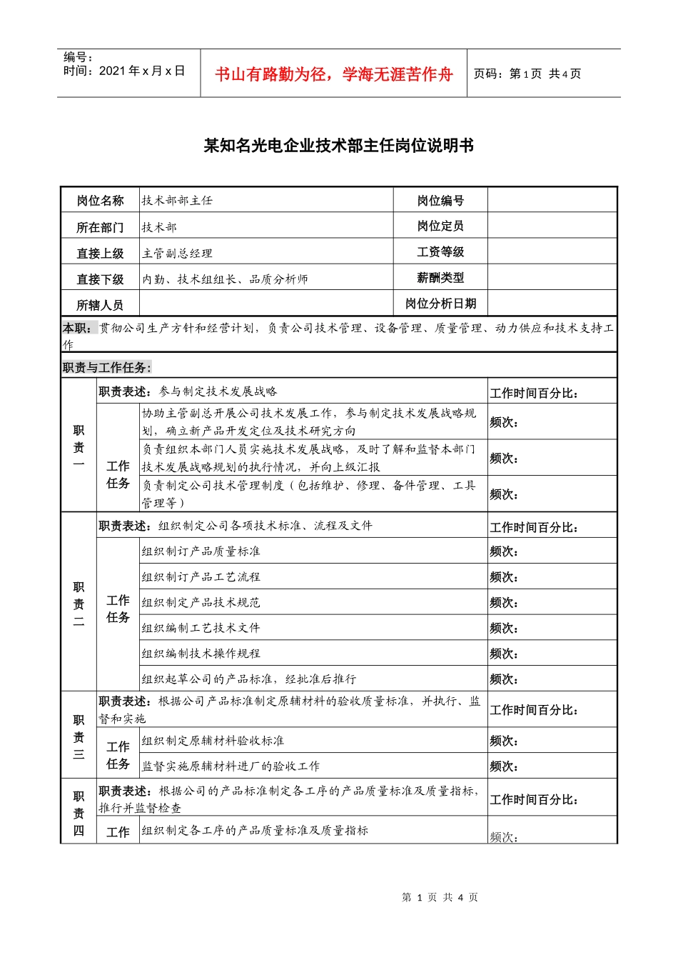 某知名光电企业技术部主任岗位说明书_第1页