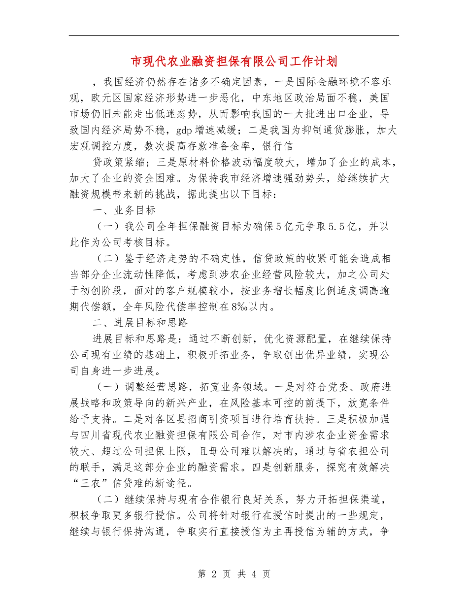 市现代农业融资担保有限公司工作计划_第2页