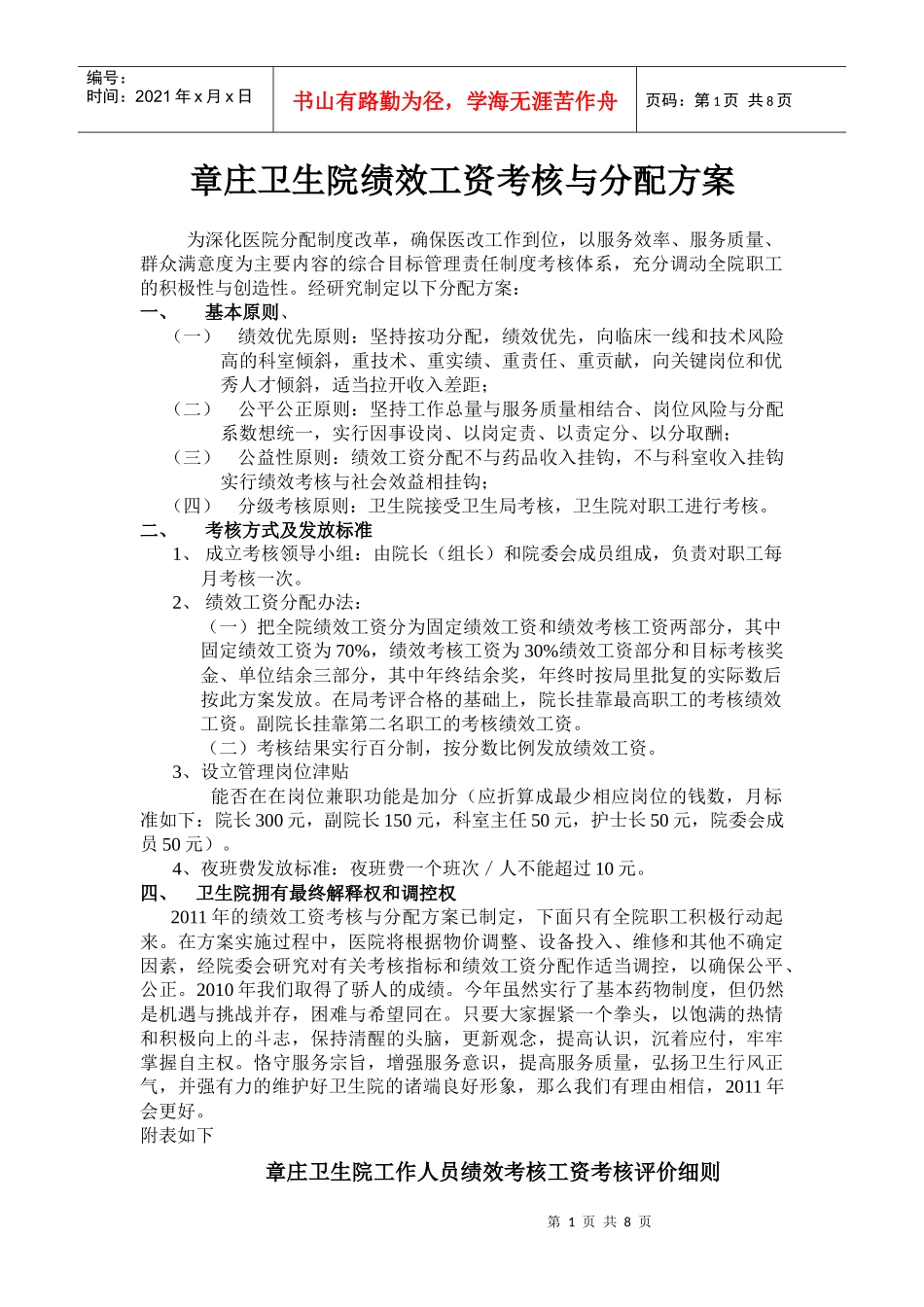 章庄卫生院绩效工资考核办法_第1页