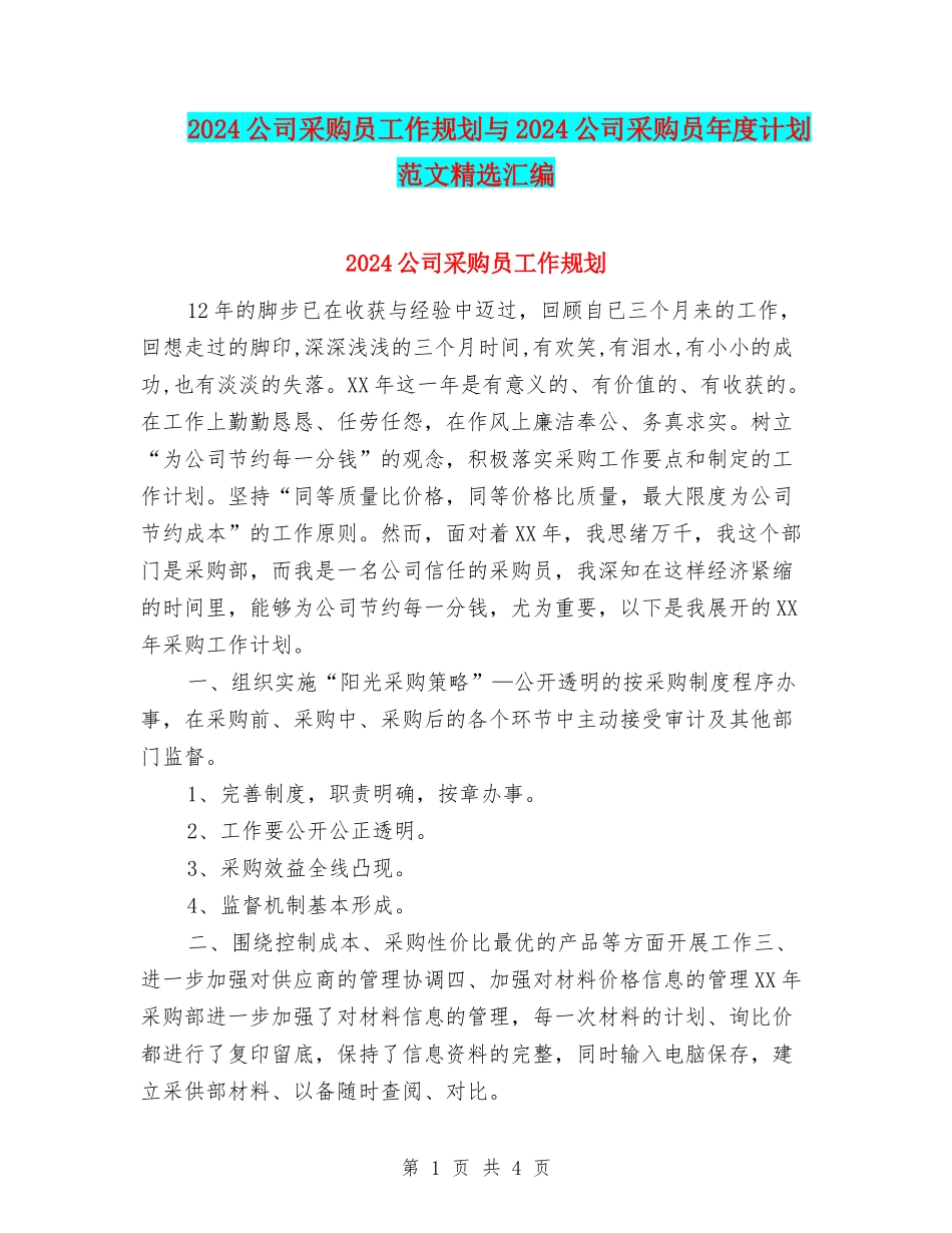 2024公司采购员工作规划与2024公司采购员年度计划范文精选汇编_第1页