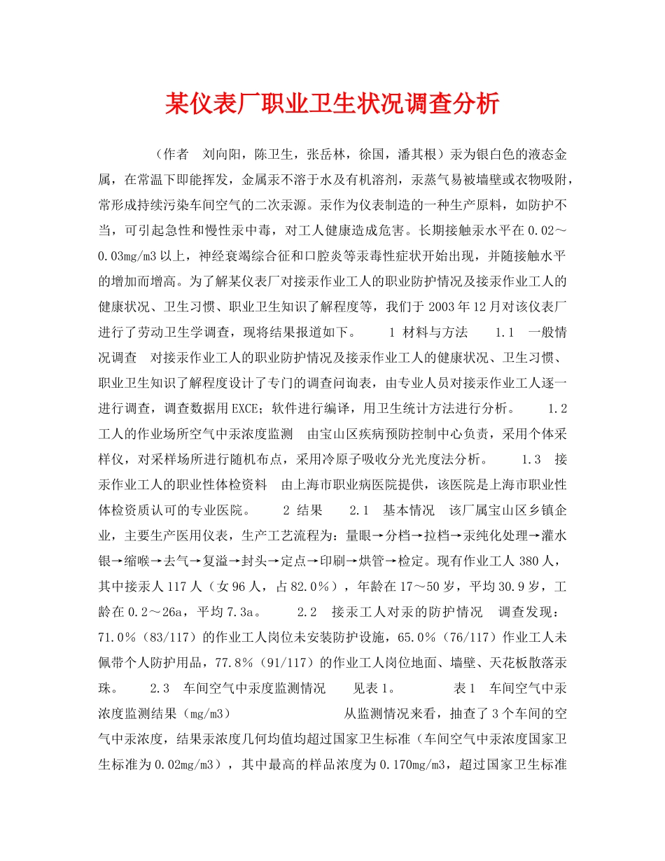 《安全管理职业卫生》之某仪表厂职业卫生状况调查分析 _第1页