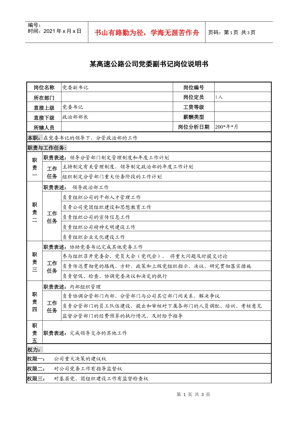 某高速公路公司党委副书记岗位说明书_第1页