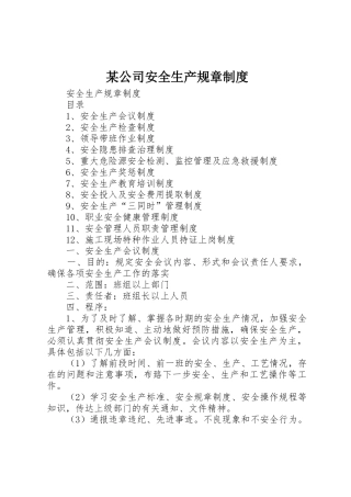 某公司安全生产规章规章制度 