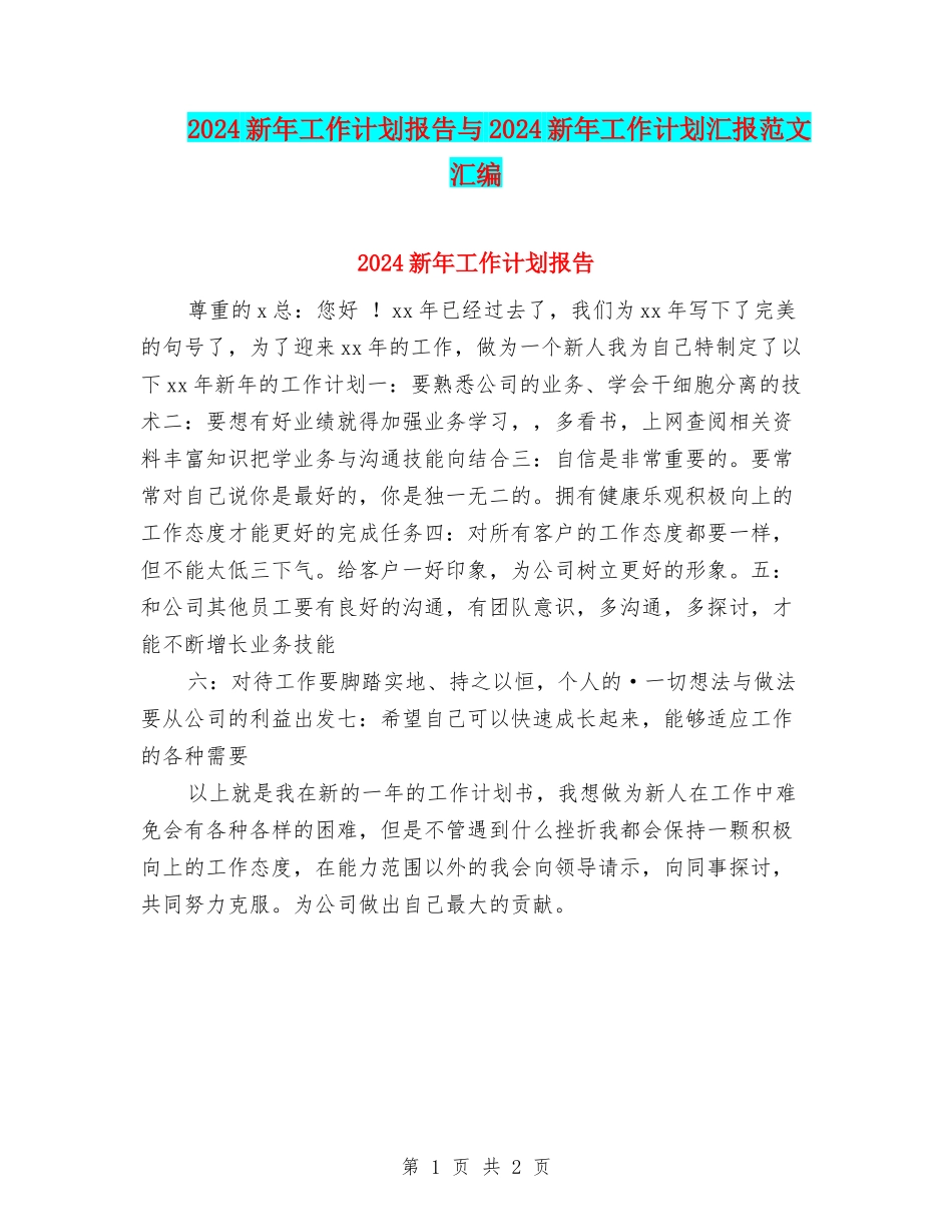 2024新年工作计划报告与2024新年工作计划汇报范文汇编_第1页