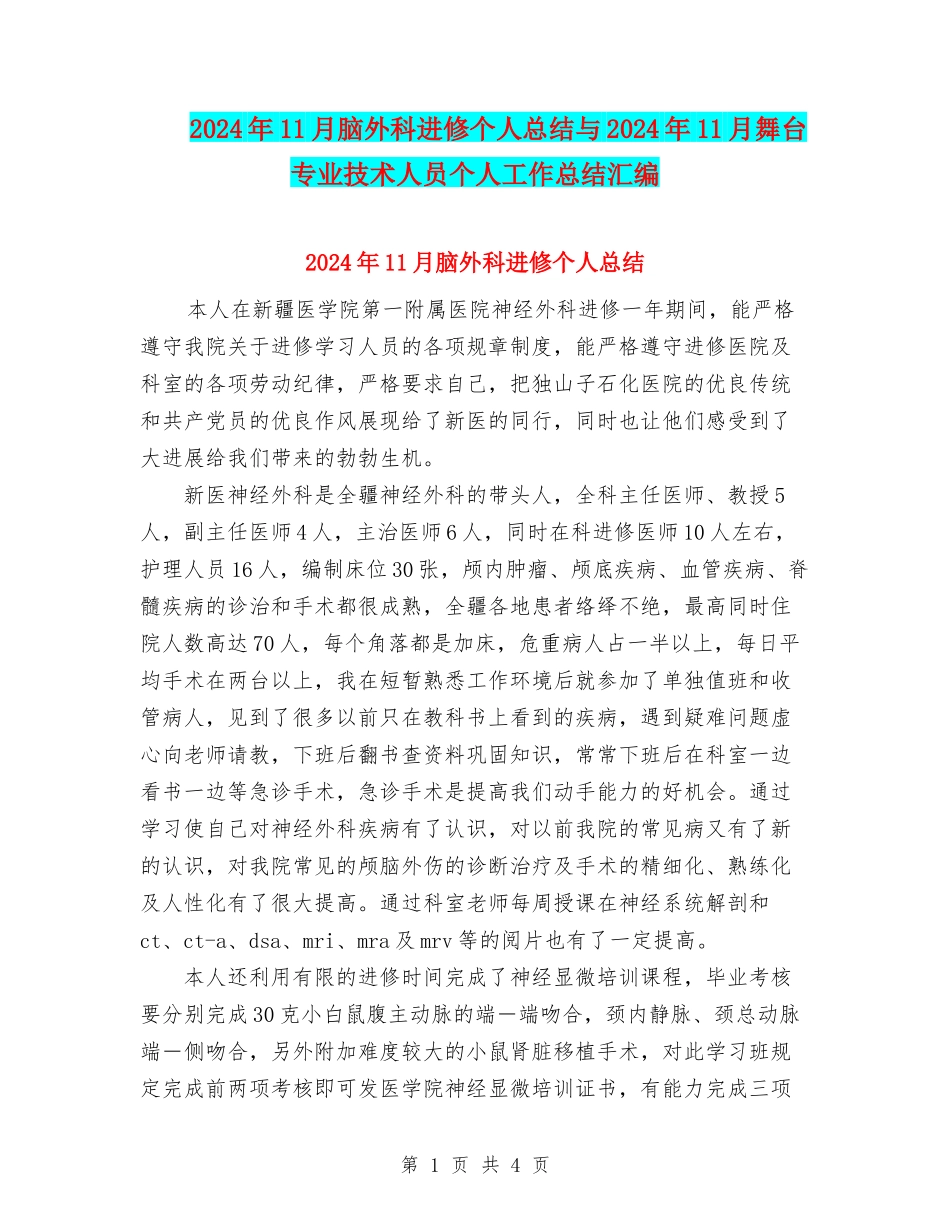 2024年11月脑外科进修个人总结与2024年11月舞台专业技术人员个人工作总结汇编_第1页