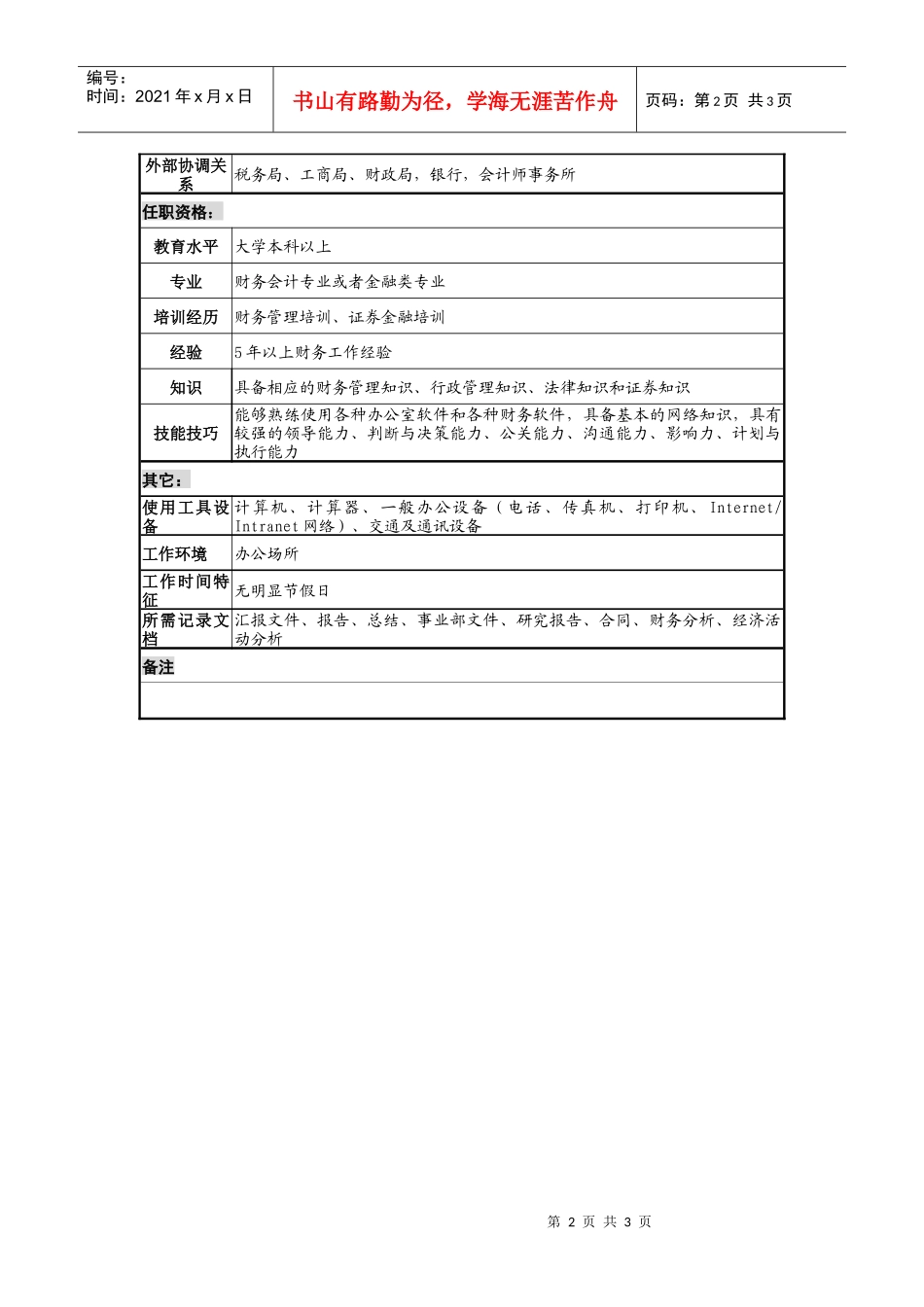 旅行社事业部财务部部长职务说明书_第2页