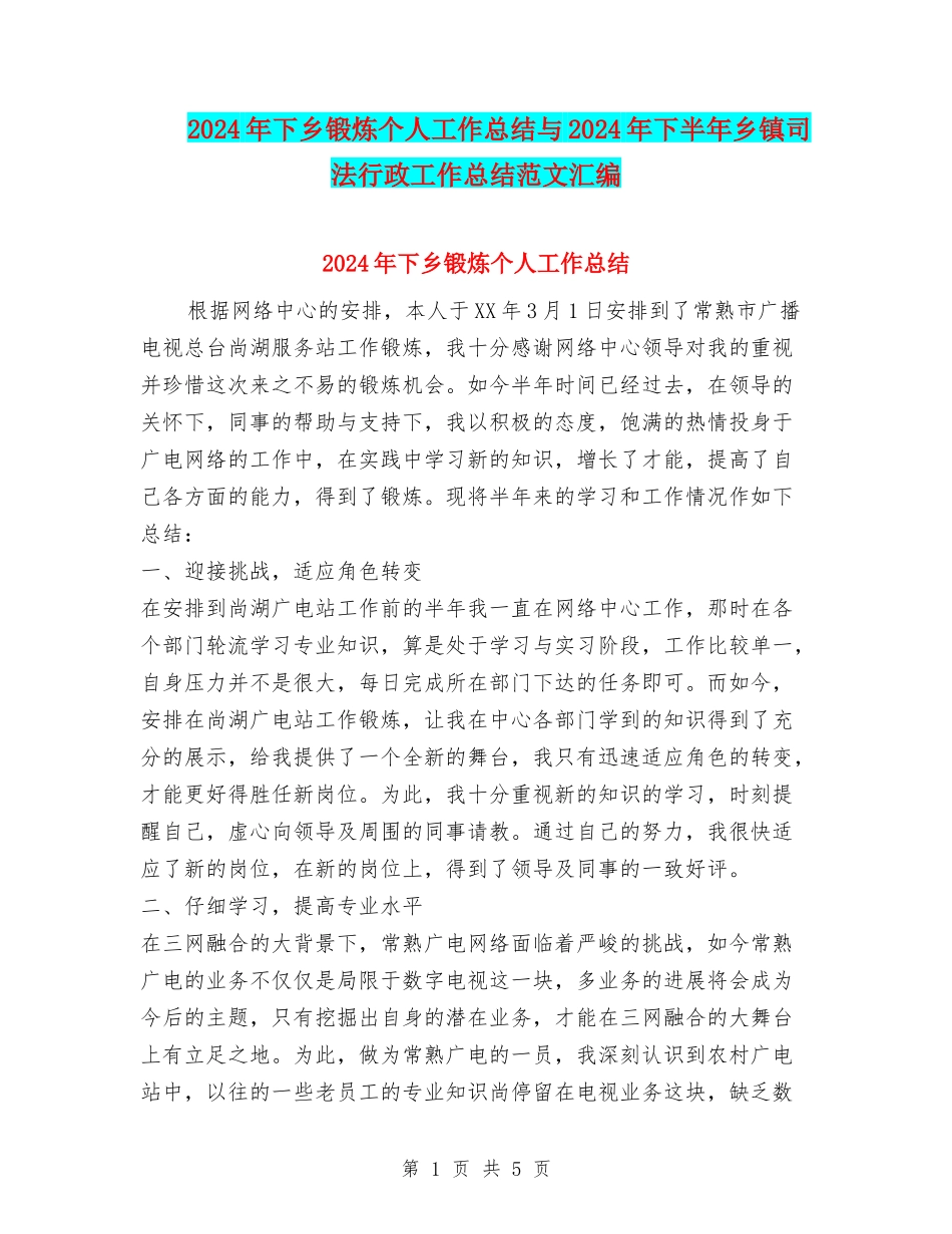 2024年下乡锻炼个人工作总结与2024年下半年乡镇司法行政工作总结范文汇编_第1页