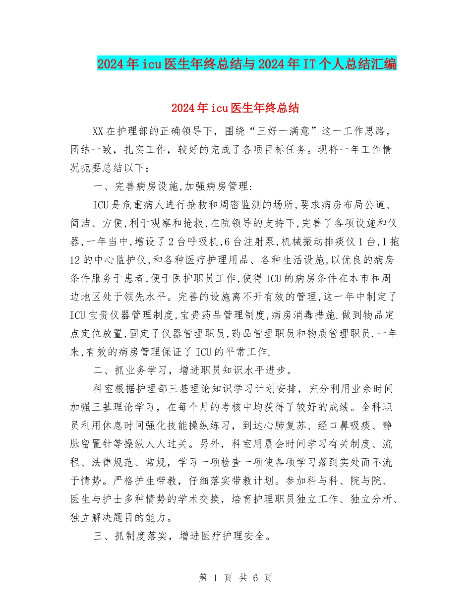 2024年icu医生年终总结与2024年IT个人总结汇编_第1页
