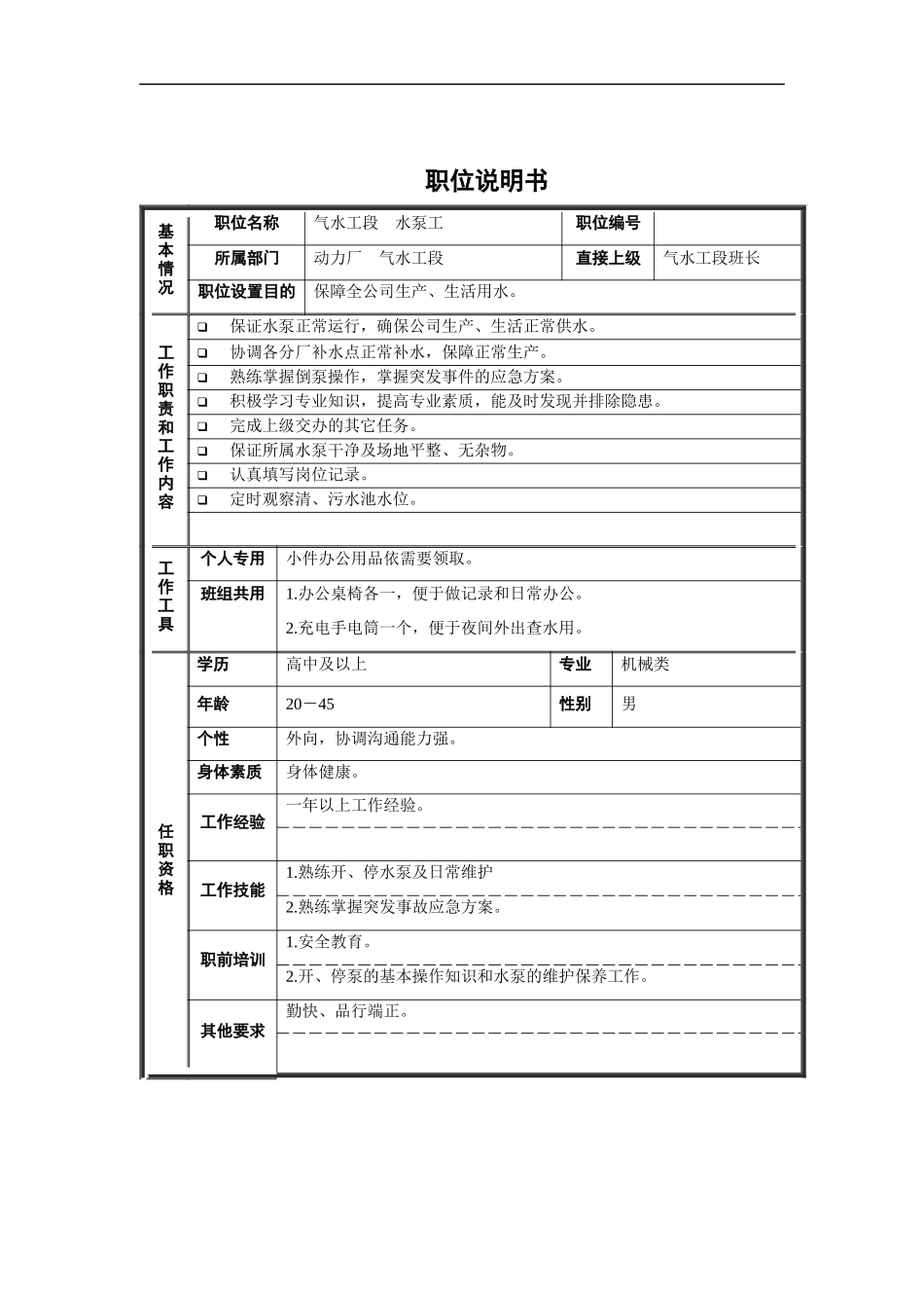 气水工段水泵工职位说明书_第1页