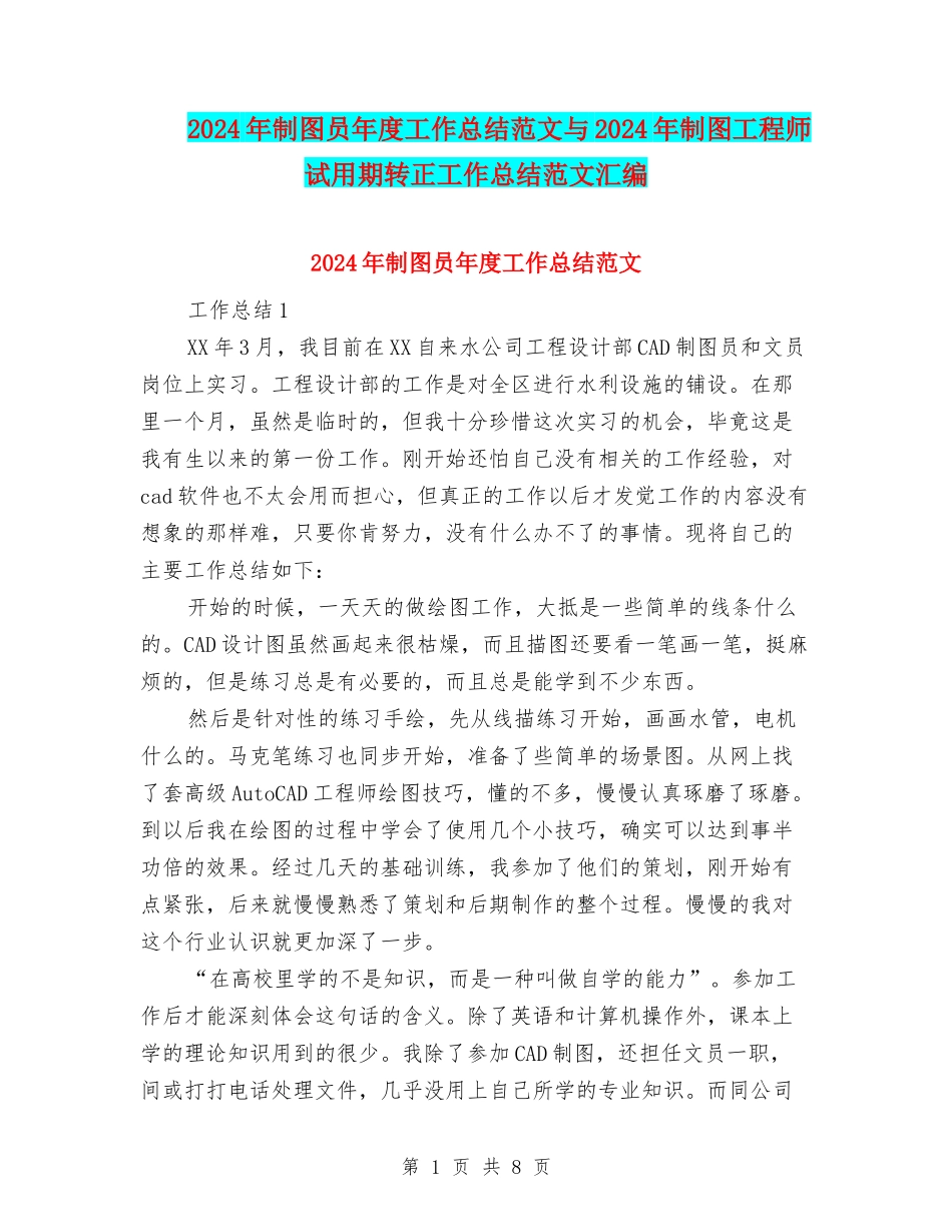2024年制图员年度工作总结范文与2024年制图工程师试用期转正工作总结范文汇编_第1页