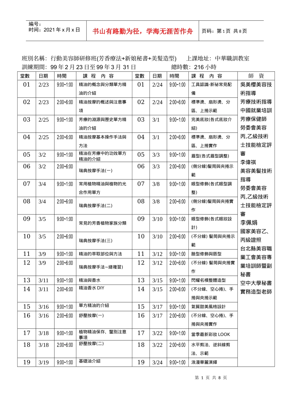 班别名称行动美容师研修班(芳香疗法+新娘秘书+美发造..._第1页