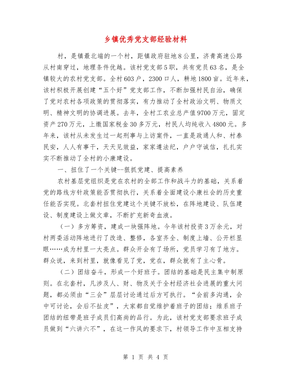 乡镇优秀党支部经验材料_第1页
