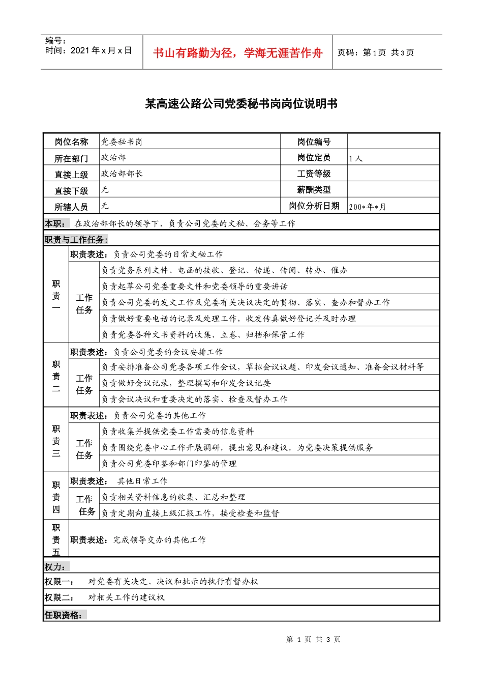 某高速公路公司党委秘书岗岗位说明书_第1页