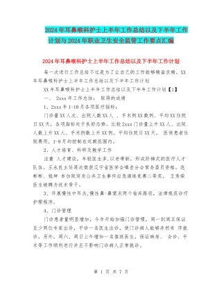 2024年耳鼻喉科护士上半年工作总结以及下半年工作计划与2024年职业卫生安全监管工作要点汇编