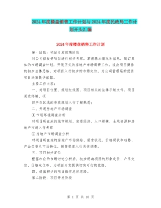 2024年度楼盘销售工作计划与2024年度民政局工作计划开头汇编