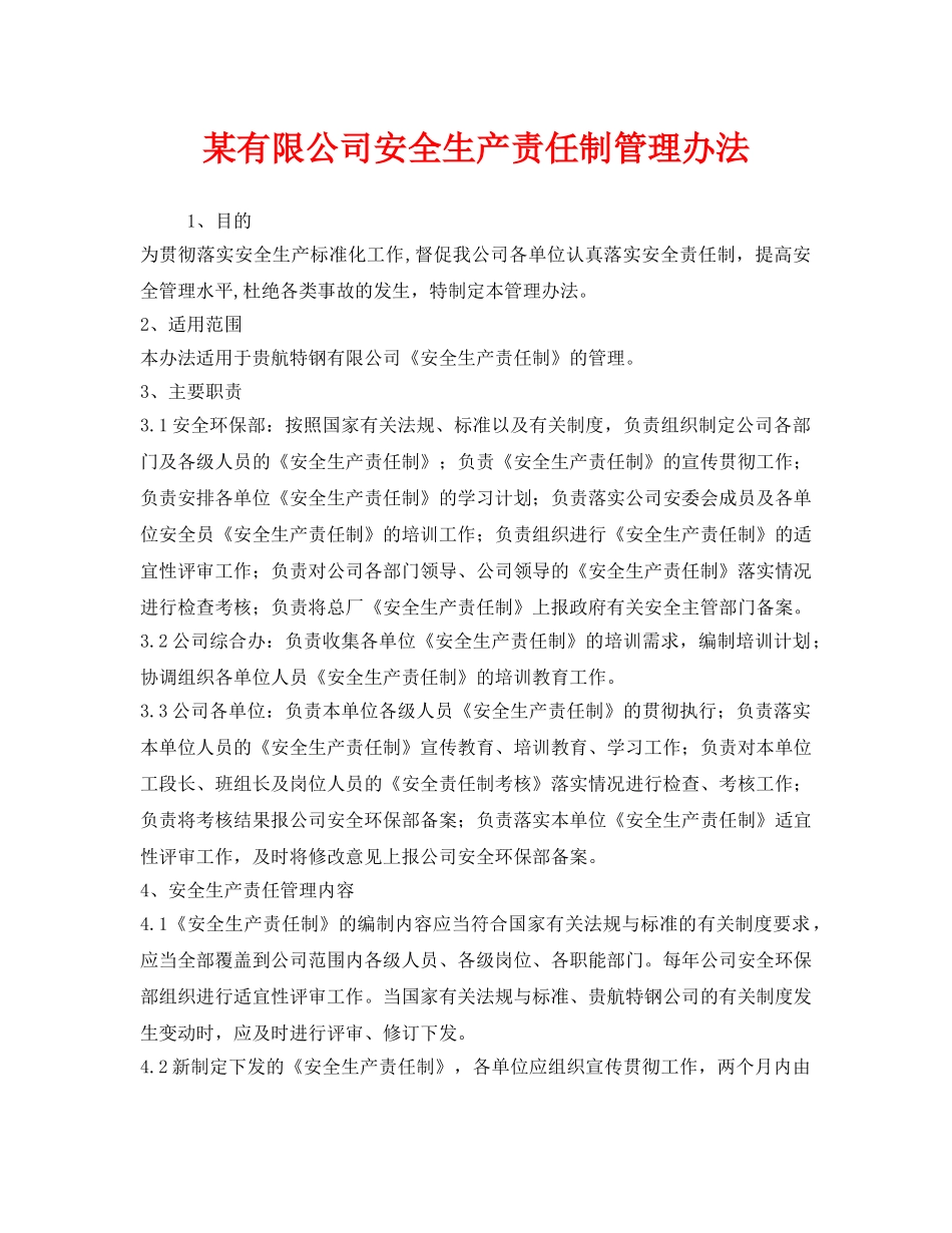 《安全管理制度》之某有限公司安全生产责任制管理办法 _第1页