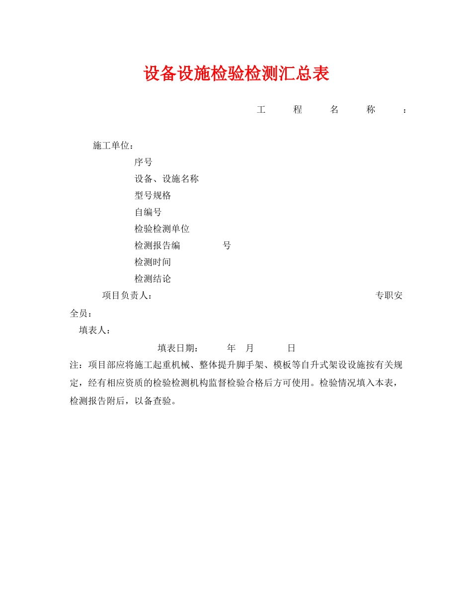 《安全管理资料》之设备设施检验检测汇总表 _第1页
