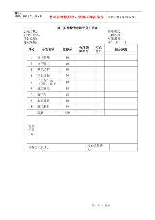 施工安全检查考核评分汇总表