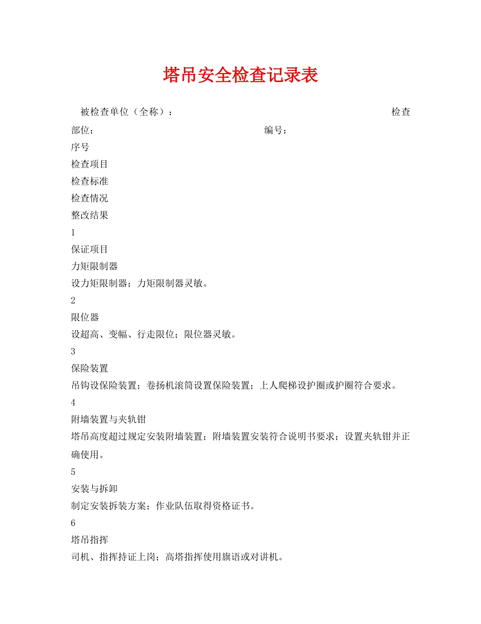 《安全管理资料》之塔吊安全检查记录表 _第1页
