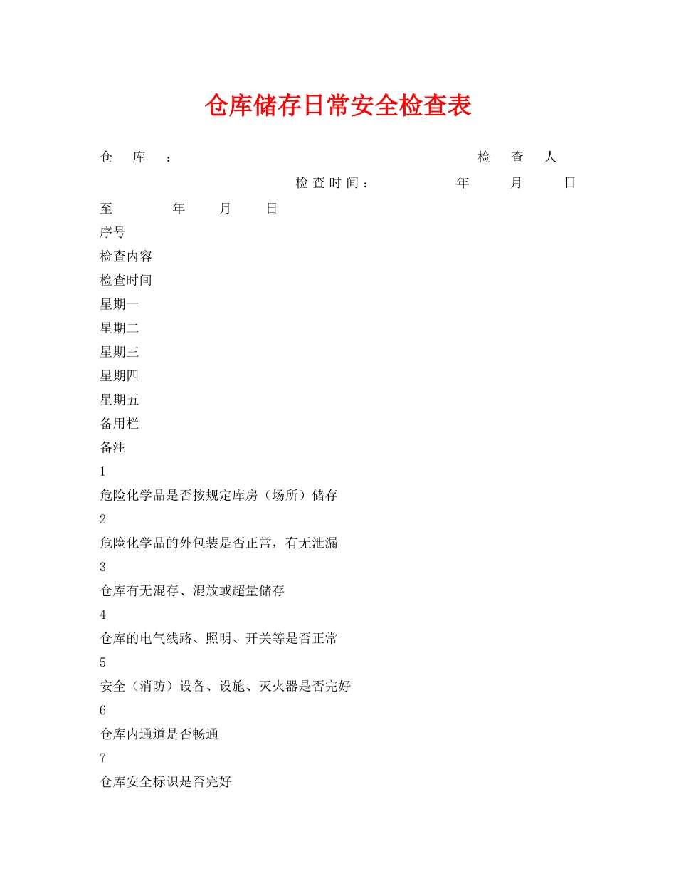 《安全管理资料》之仓库储存日常安全检查表 _第1页