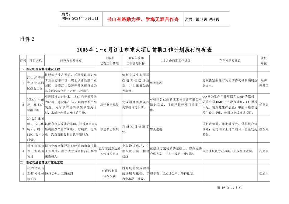 江山市重大项目前期工作计划执行情况通报_第1页