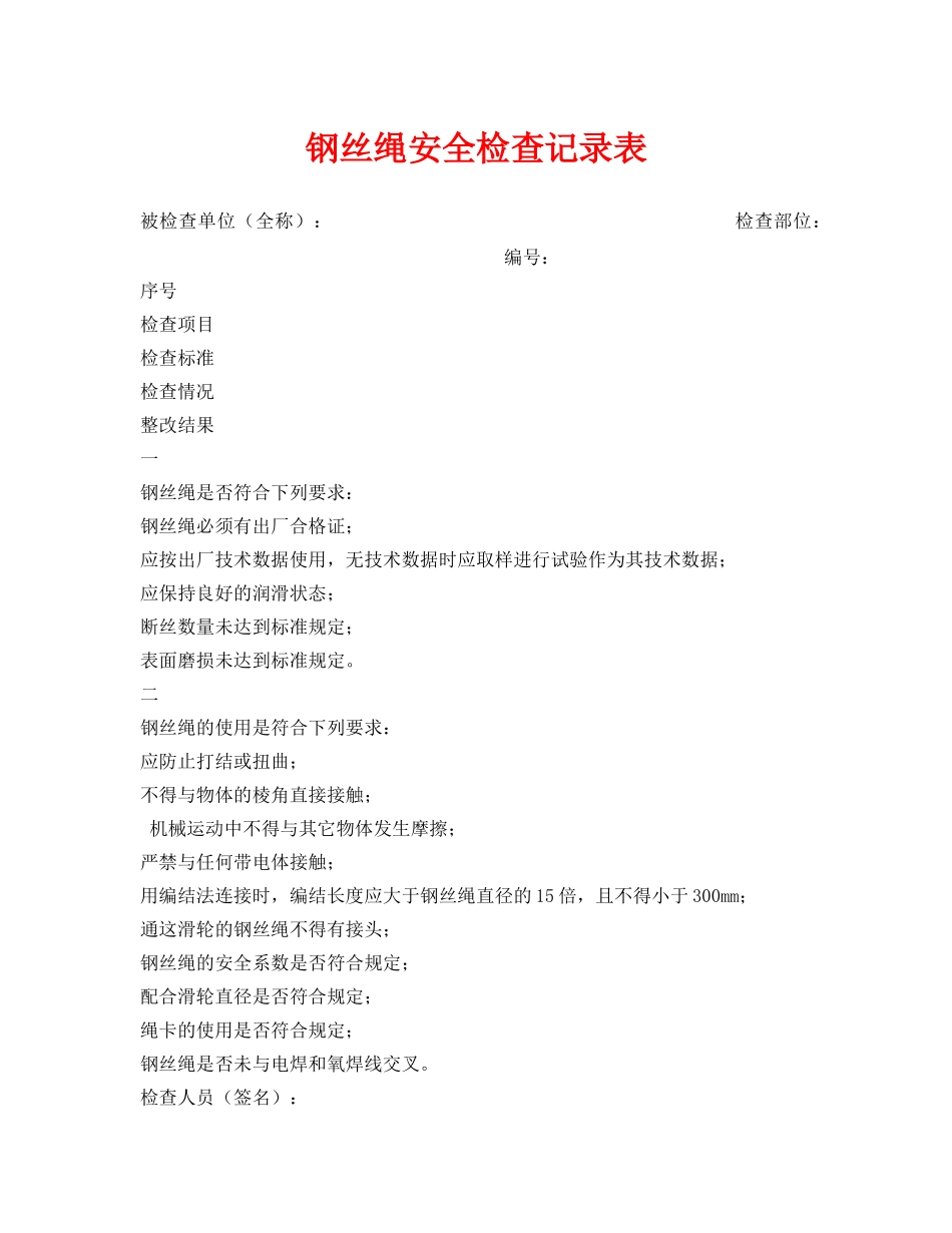 《安全管理资料》之钢丝绳安全检查记录表 _第1页