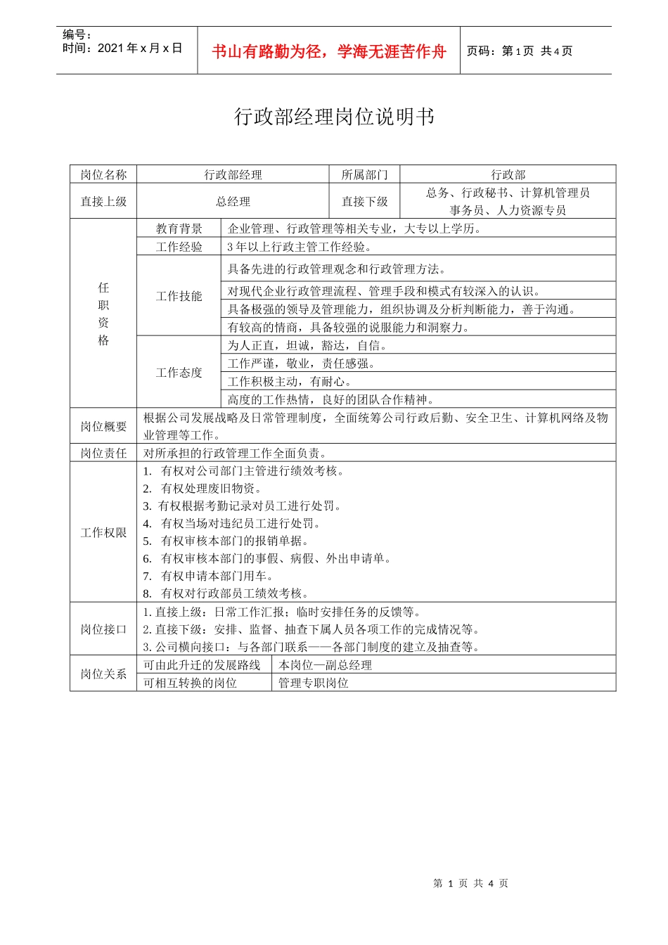 行政部经理岗位说明书_第1页