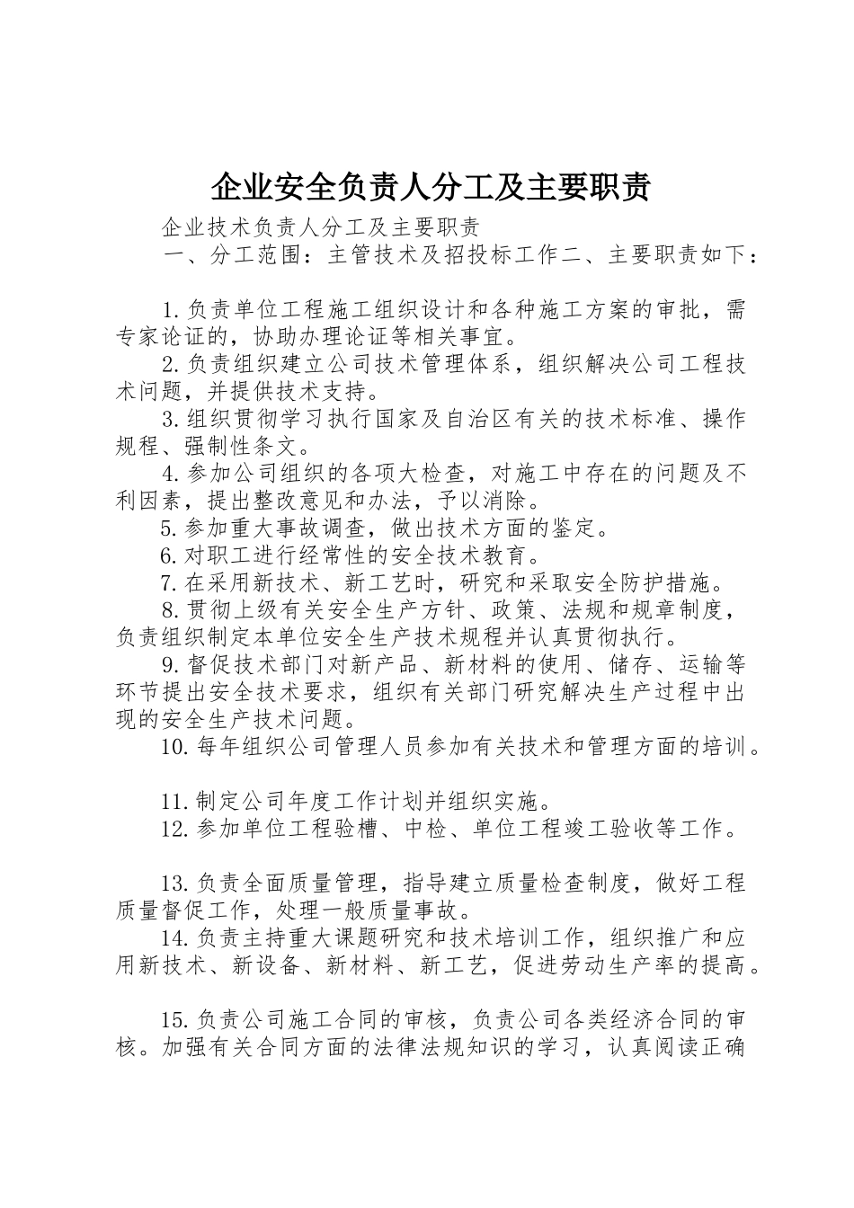 企业安全负责人分工及主要职责要求 _第1页
