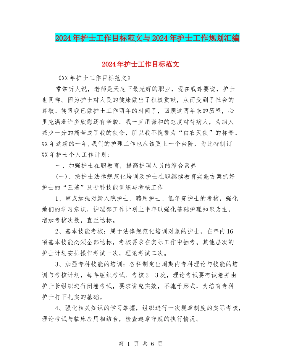 2024年护士工作目标范文与2024年护士工作规划汇编_第1页