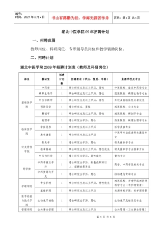 湖北中医学院09年招聘计划