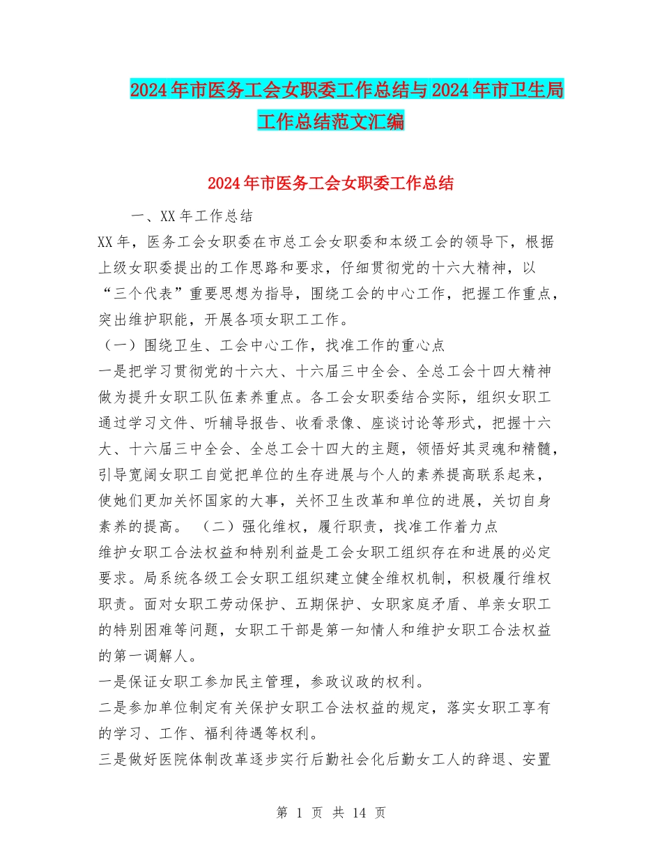 2024年市医务工会女职委工作总结与2024年市卫生局工作总结范文汇编_第1页