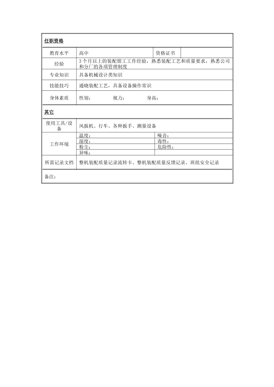 总装厂装配钳工岗位说明书_第2页