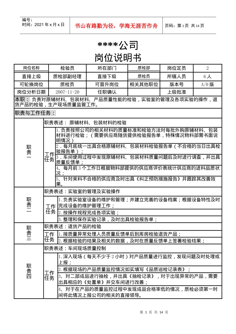 某制造企业质检部岗位说明书_第1页