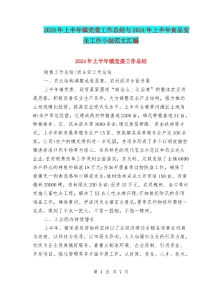 2024年上半年镇党委工作总结与2024年上半年食品安全工作小结范文汇编