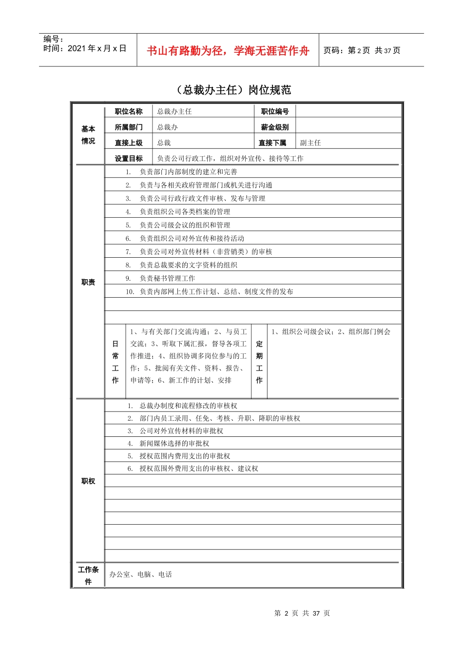 著名集团公司完整岗位说明书-职能部门-总裁办_第2页