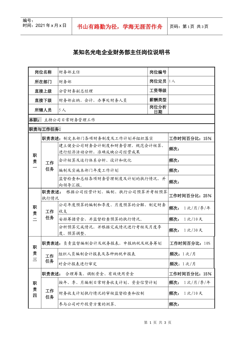 某知名光电企业财务部主任岗位说明书_第1页