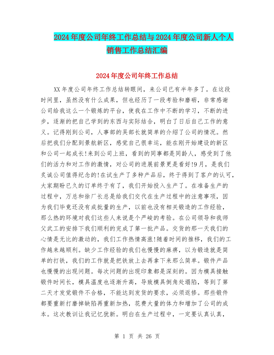 2024年度公司年终工作总结与2024年度公司新人个人销售工作总结汇编_第1页