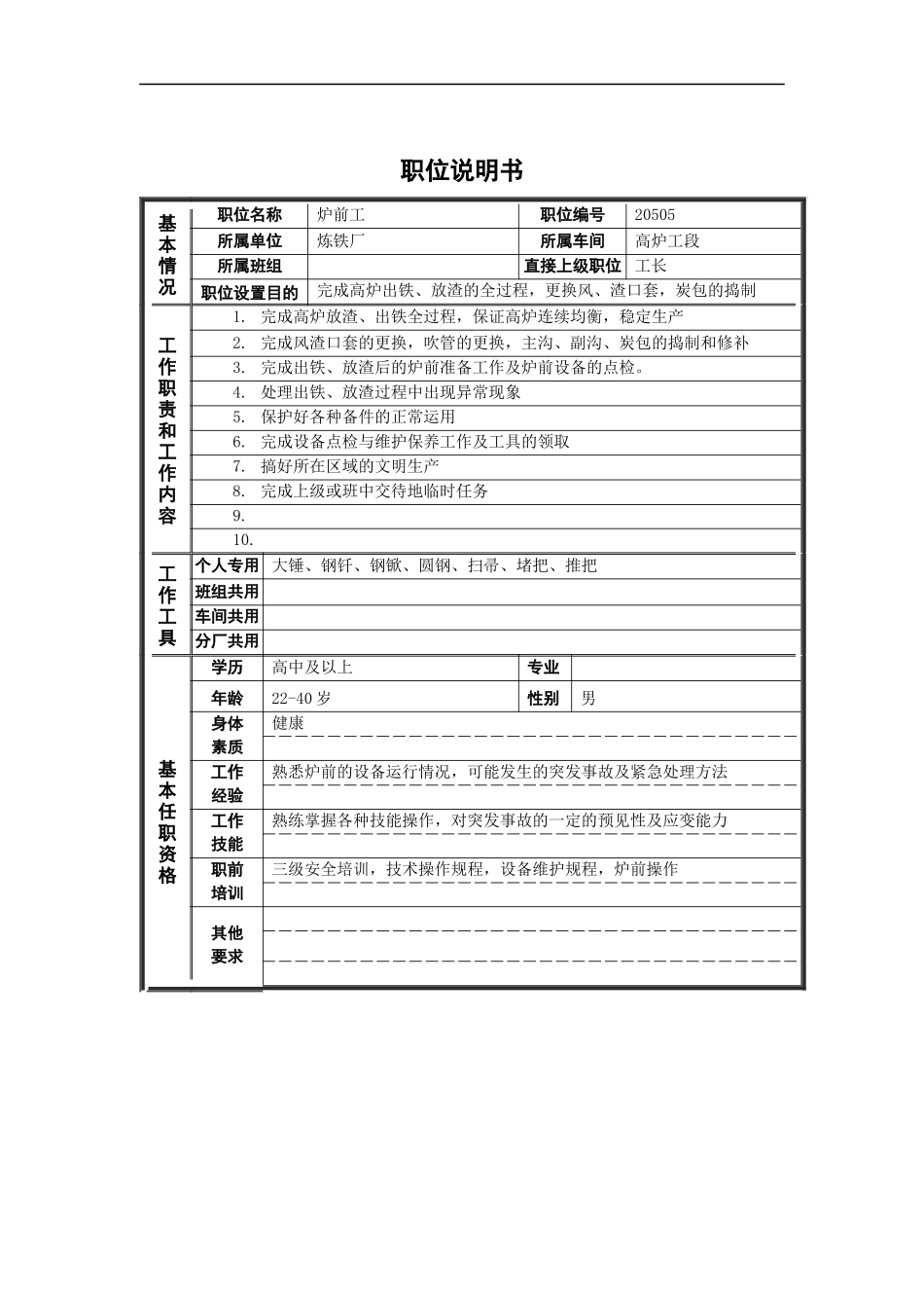 炉前工岗位说明书_第1页
