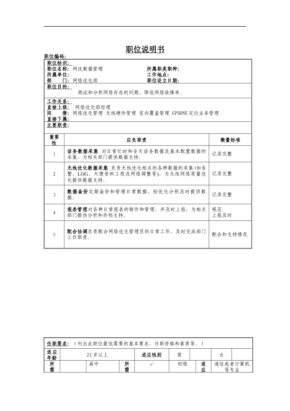 网优数据管理岗位说明书_第1页