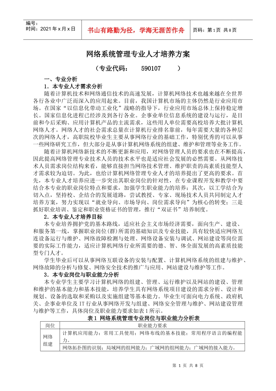 网络系统管理专业人才培养方案_第1页
